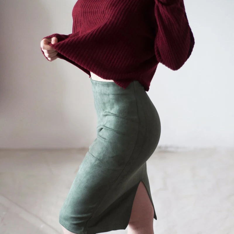 Fashion Empire Skirts 2024 Spring Faux Suede Pencil Skirt High Waist Bodycon Split Thick Stretchy Skirts