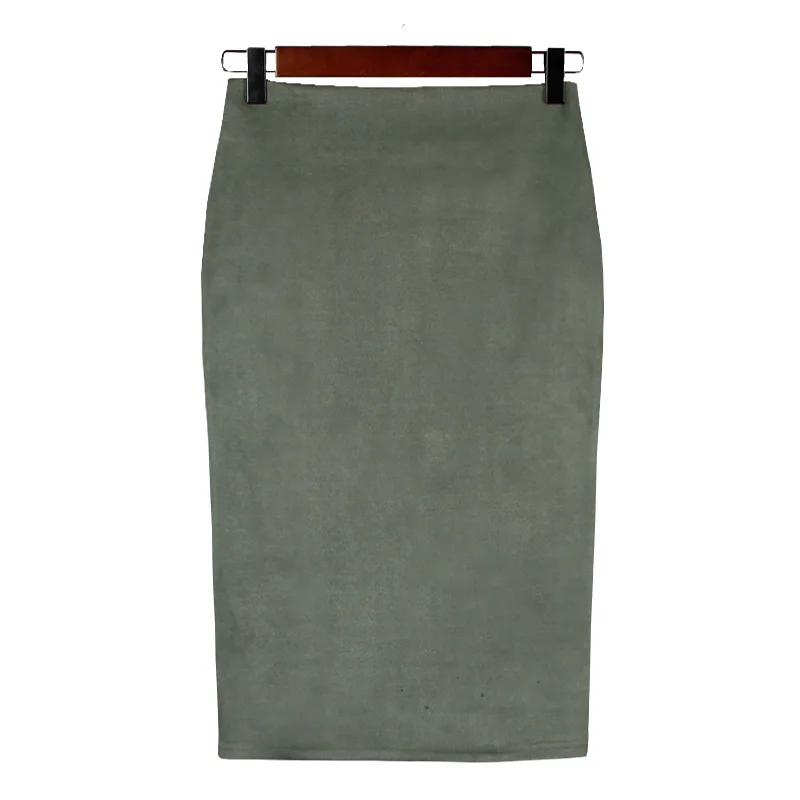 Fashion Empire Skirts 2024 Spring Faux Suede Pencil Skirt High Waist Bodycon Split Thick Stretchy Skirts