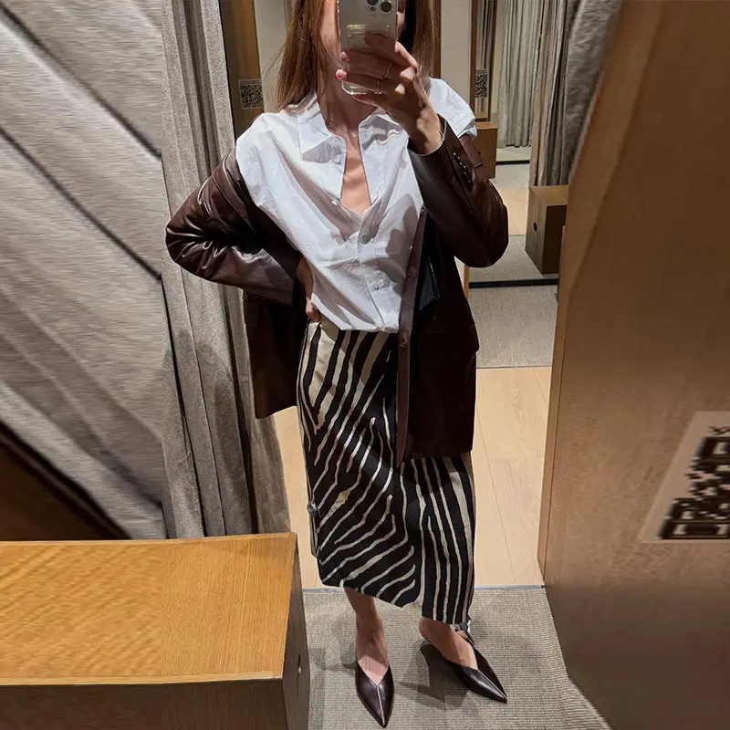 Zebra Striped Printing Midi Skirts Women High Waist Straight Skirt Female 2026 Autumn New Chic Fashion Casual Street Lady Outfit