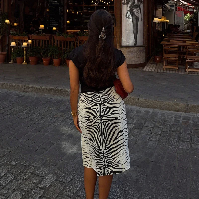 Zebra Striped Printing Midi Skirts Women High Waist Straight Skirt Female 2026 Autumn New Chic Fashion Casual Street Lady Outfit