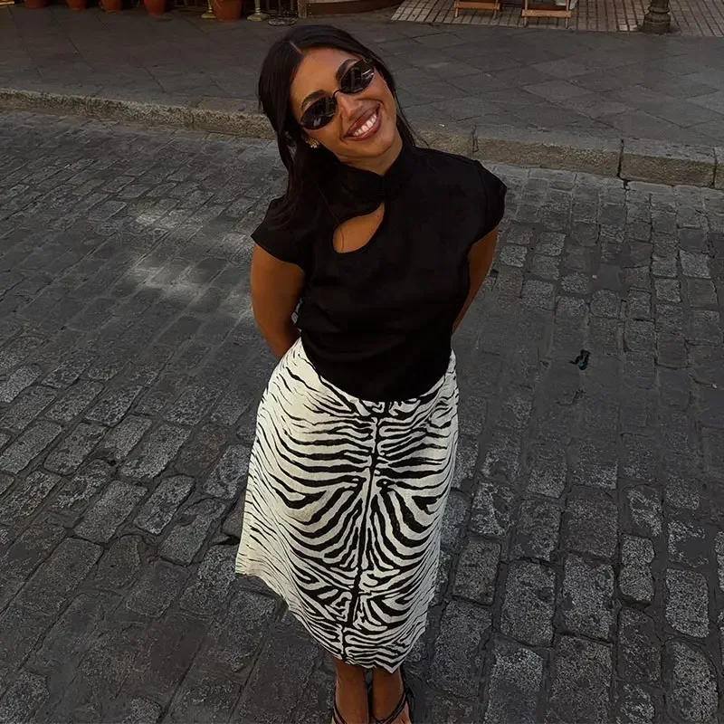 Zebra Striped Printing Midi Skirts Women High Waist Straight Skirt Female 2026 Autumn New Chic Fashion Casual Street Lady Outfit