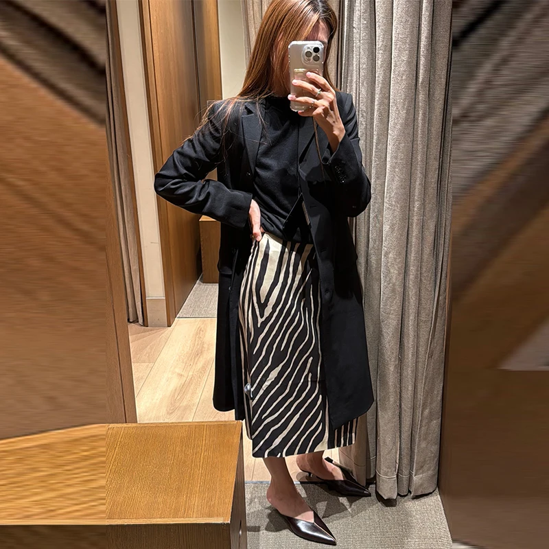 Zebra Striped Printing Midi Skirts Women High Waist Straight Skirt Female 2026 Autumn New Chic Fashion Casual Street Lady Outfit