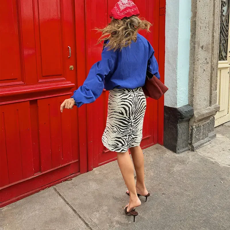 Zebra Striped Printing Midi Skirts Women High Waist Straight Skirt Female 2026 Autumn New Chic Fashion Casual Street Lady Outfit