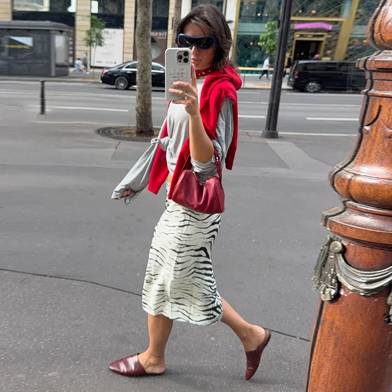 Zebra Striped Printing Midi Skirts Women High Waist Straight Skirt Female 2026 Autumn New Chic Fashion Casual Street Lady Outfit