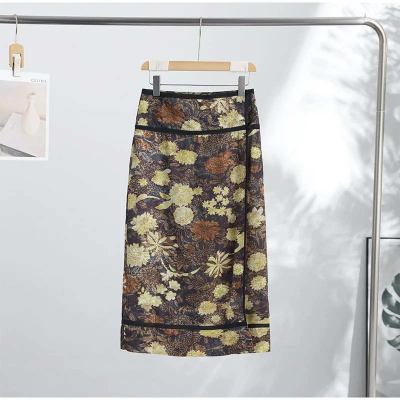 Retro Floral Print Midi Skirt For Women High Waist Wrap Side Button Straight A‑Line Casual Long Skirt Autumn Daily Bottoms 2026