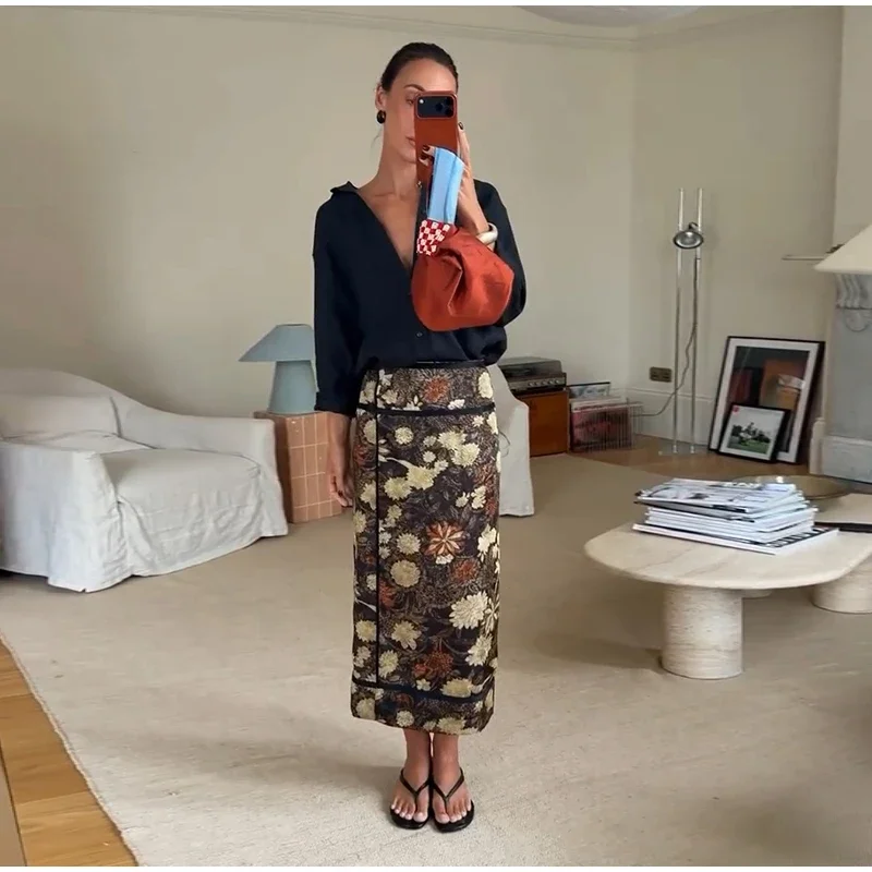 Retro Floral Print Midi Skirt For Women High Waist Wrap Side Button Straight A‑Line Casual Long Skirt Autumn Daily Bottoms 2026