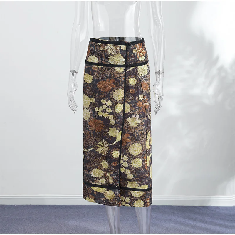 Retro Floral Print Midi Skirt For Women High Waist Wrap Side Button Straight A‑Line Casual Long Skirt Autumn Daily Bottoms 2026