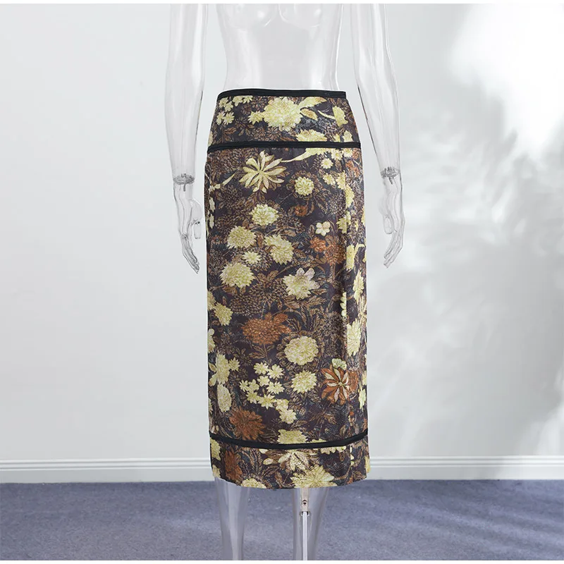 Retro Floral Print Midi Skirt For Women High Waist Wrap Side Button Straight A‑Line Casual Long Skirt Autumn Daily Bottoms 2026