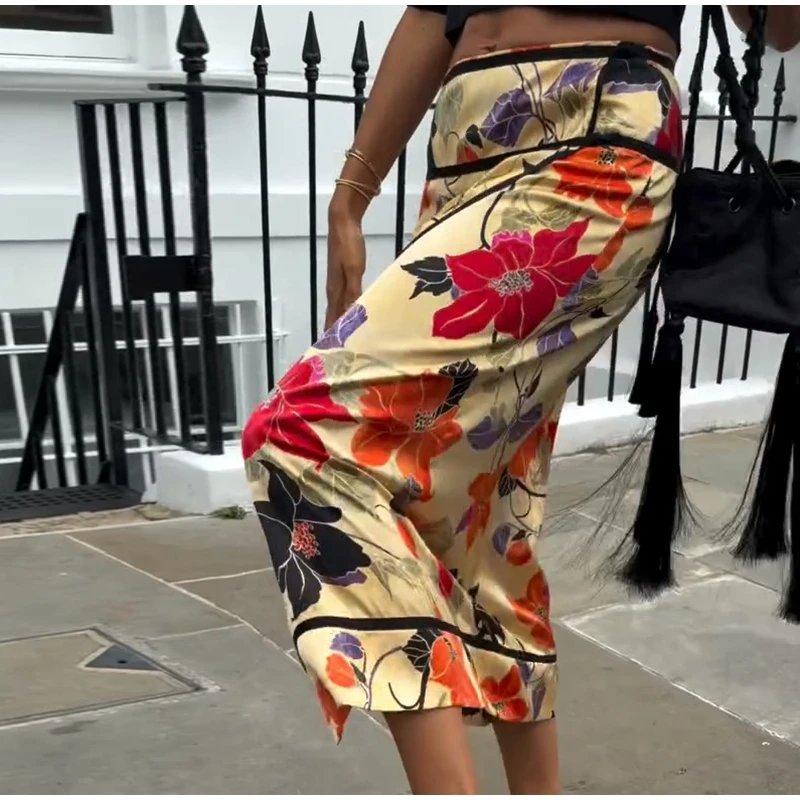Retro Floral Print Midi Skirt For Women High Waist Wrap Side Button Straight A‑Line Casual Long Skirt Autumn Daily Bottoms 2026