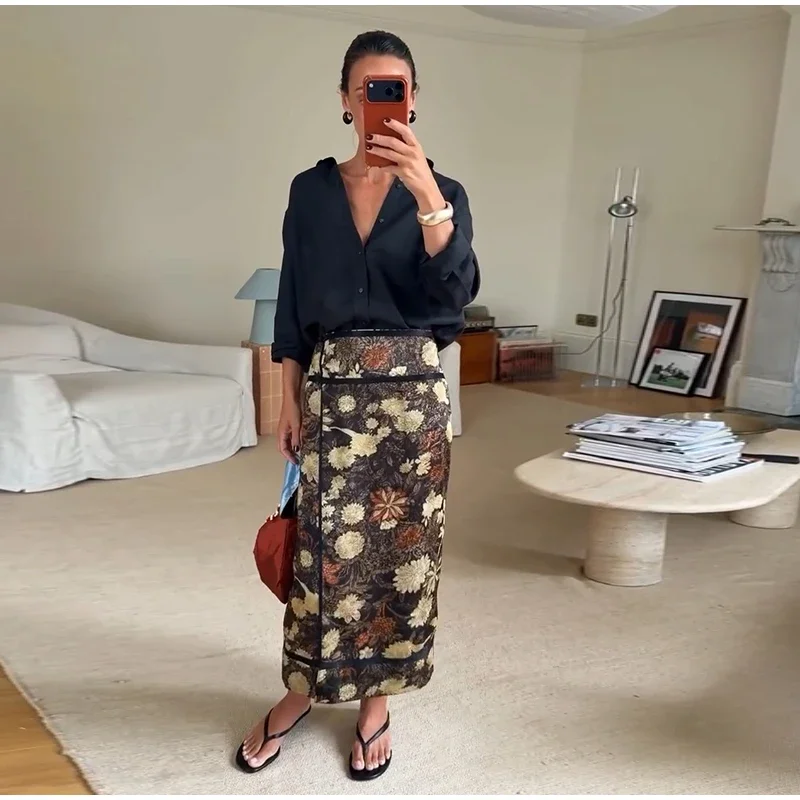 Retro Floral Print Midi Skirt For Women High Waist Wrap Side Button Straight A‑Line Casual Long Skirt Autumn Daily Bottoms 2026