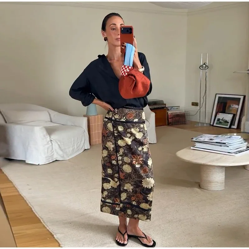 Retro Floral Print Midi Skirt For Women High Waist Wrap Side Button Straight A‑Line Casual Long Skirt Autumn Daily Bottoms 2026