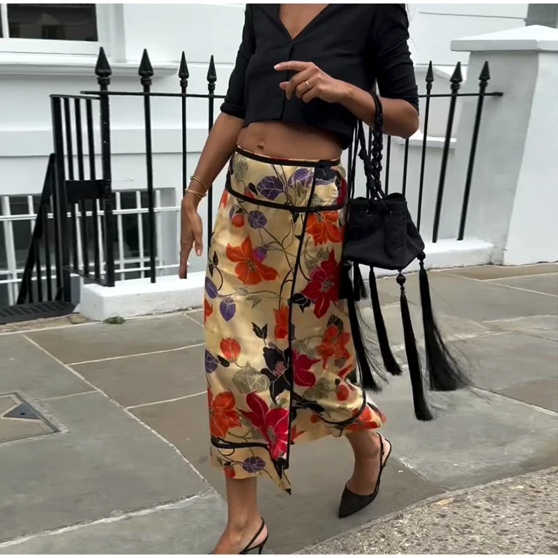 Retro Floral Print Midi Skirt For Women High Waist Wrap Side Button Straight A‑Line Casual Long Skirt Autumn Daily Bottoms 2026