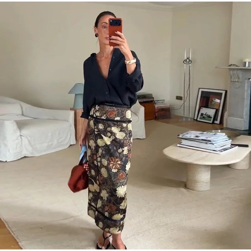 Retro Floral Print Midi Skirt For Women High Waist Wrap Side Button Straight A‑Line Casual Long Skirt Autumn Daily Bottoms 2026