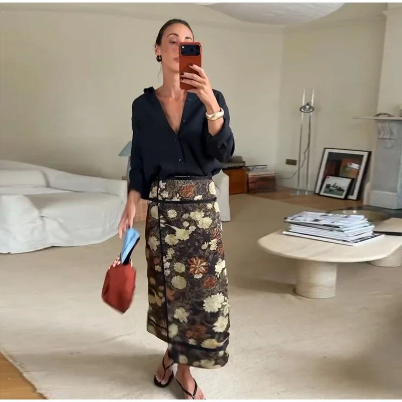 Retro Floral Print Midi Skirt For Women High Waist Wrap Side Button Straight A‑Line Casual Long Skirt Autumn Daily Bottoms 2026