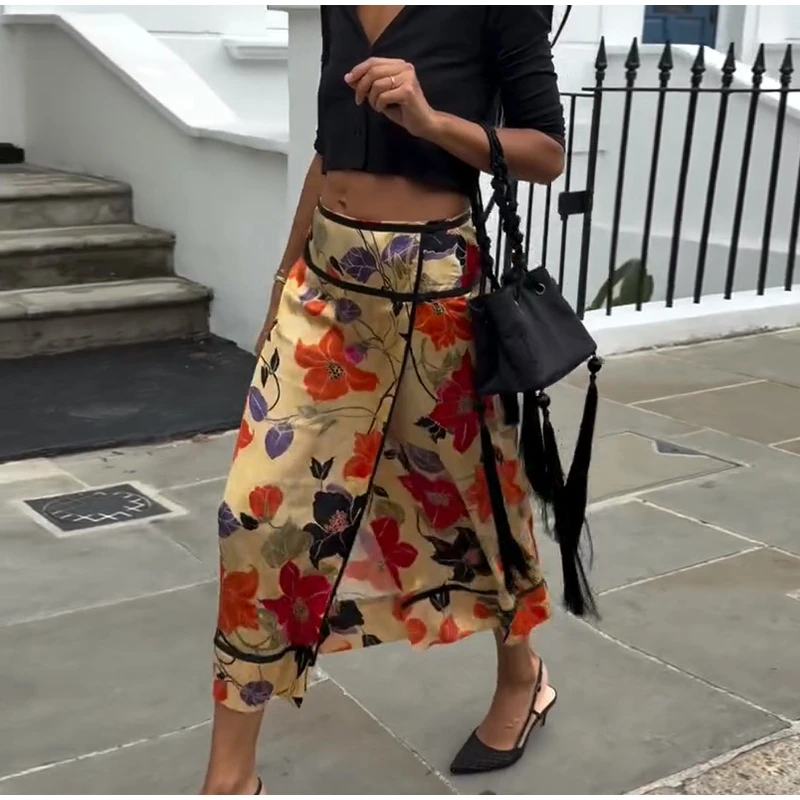Retro Floral Print Midi Skirt For Women High Waist Wrap Side Button Straight A‑Line Casual Long Skirt Autumn Daily Bottoms 2026