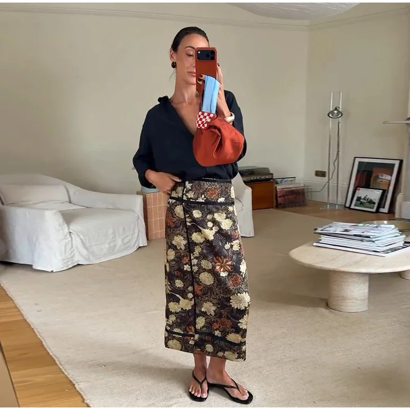 Retro Floral Print Midi Skirt For Women High Waist Wrap Side Button Straight A‑Line Casual Long Skirt Autumn Daily Bottoms 2026