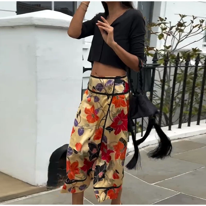 Retro Floral Print Midi Skirt For Women High Waist Wrap Side Button Straight A‑Line Casual Long Skirt Autumn Daily Bottoms 2026