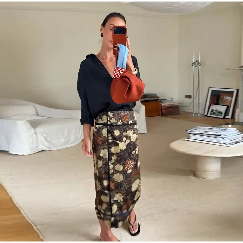 Retro Floral Print Midi Skirt For Women High Waist Wrap Side Button Straight A‑Line Casual Long Skirt Autumn Daily Bottoms 2026