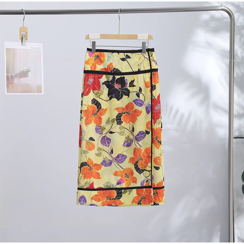 Retro Floral Print Midi Skirt For Women High Waist Wrap Side Button Straight A‑Line Casual Long Skirt Autumn Daily Bottoms 2026