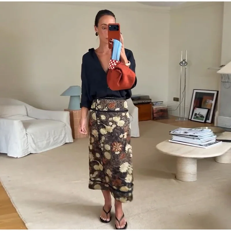 Retro Floral Print Midi Skirt For Women High Waist Wrap Side Button Straight A‑Line Casual Long Skirt Autumn Daily Bottoms 2026