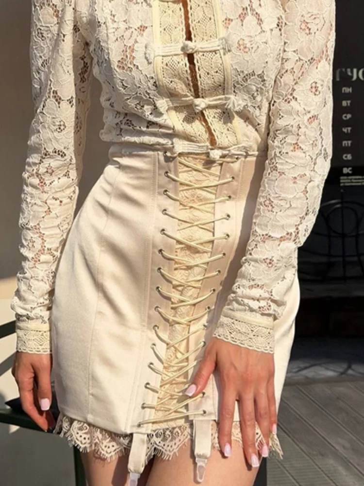 Y2K Lace Trim Hem Mini Skirt Women Retro High Waist Corset Short Bottom Garter Detail Front Lace Up Streetwear Party Club Outfit
