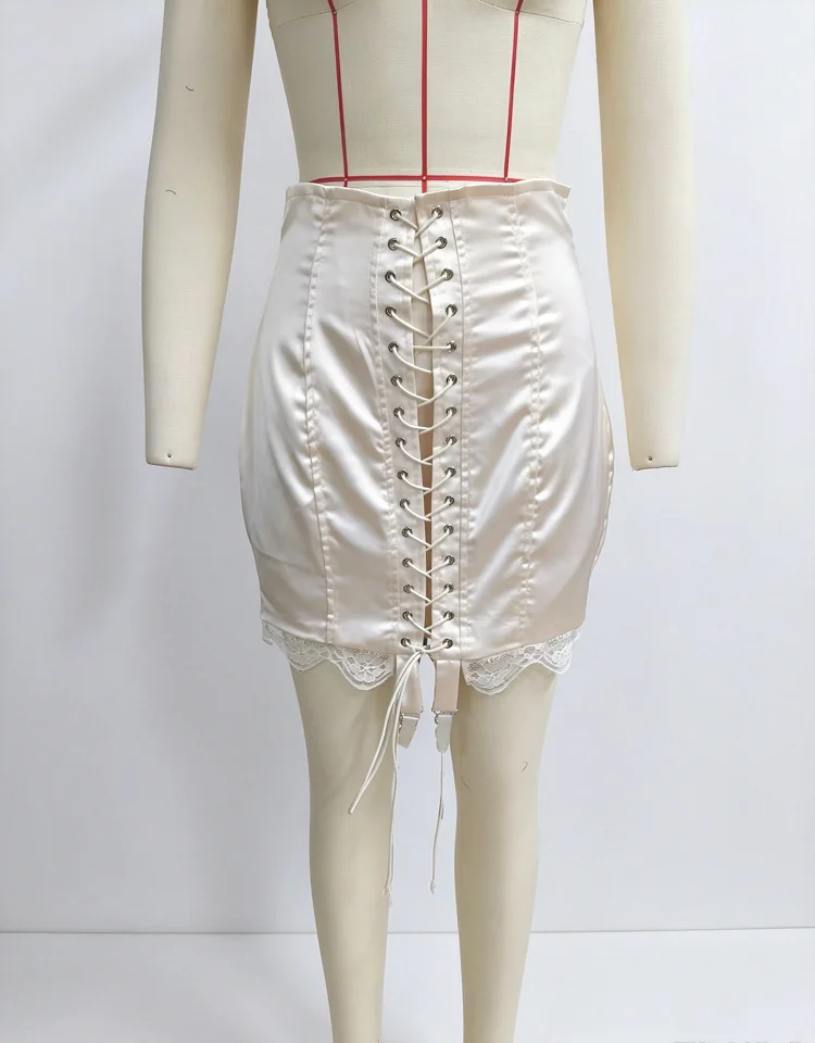 Y2K Lace Trim Hem Mini Skirt Women Retro High Waist Corset Short Bottom Garter Detail Front Lace Up Streetwear Party Club Outfit