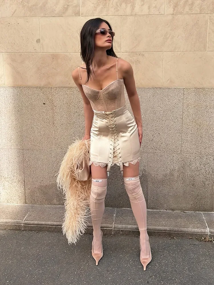 Lace Patchwork Bandage Women's Skirt Sexy High Waist Hip Package Female Mini Skirts 2026 Summer Autumn All-match Lady Streetwear