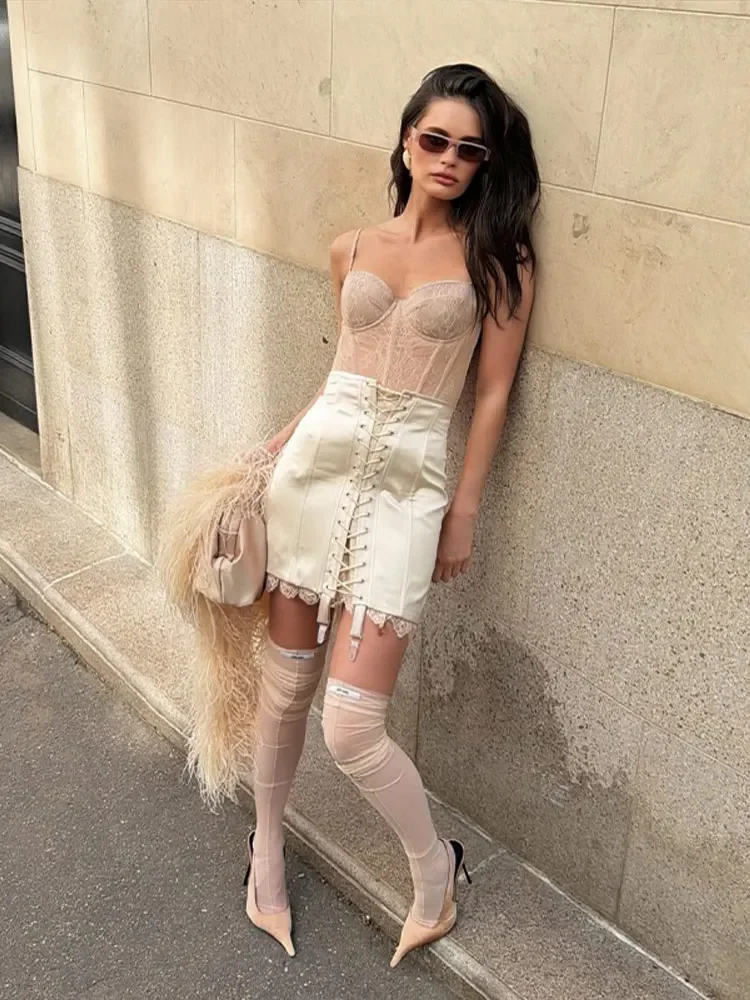 Lace Patchwork Bandage Women's Skirt Sexy High Waist Hip Package Female Mini Skirts 2026 Summer Autumn All-match Lady Streetwear