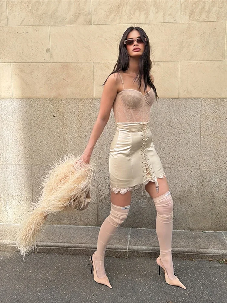 Lace Patchwork Bandage Women's Skirt Sexy High Waist Hip Package Female Mini Skirts 2026 Summer Autumn All-match Lady Streetwear