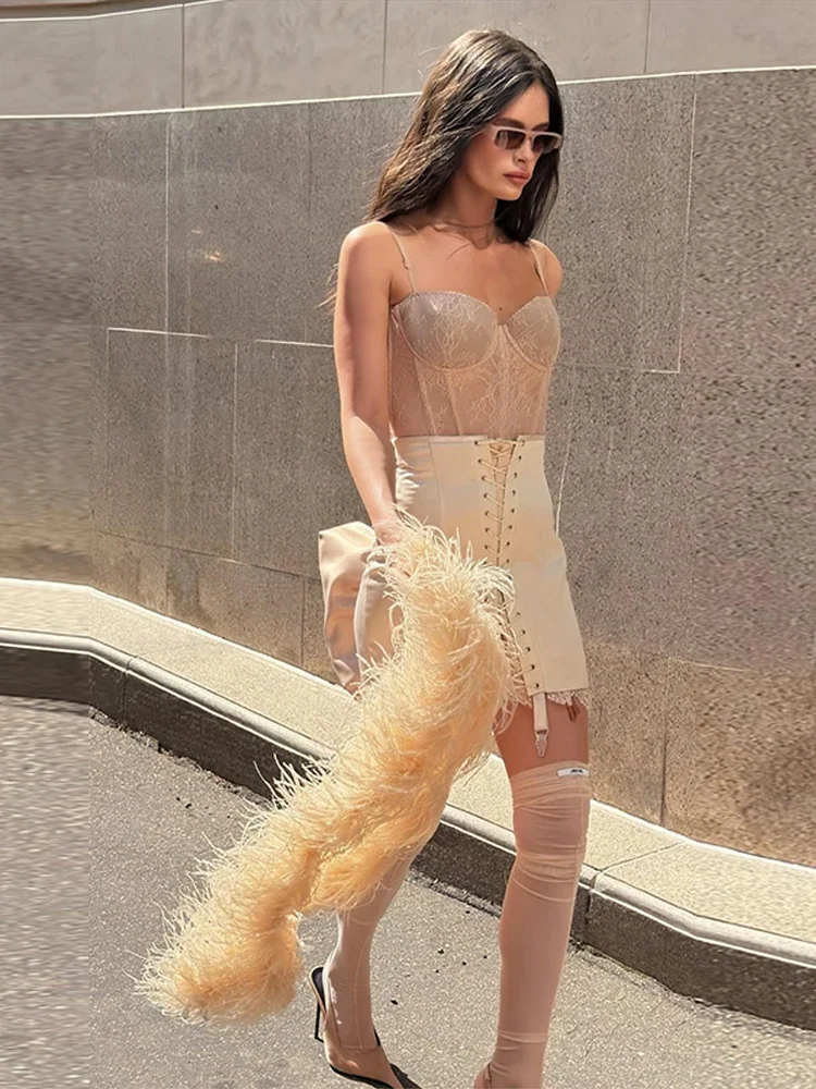 Lace Patchwork Bandage Women's Skirt Sexy High Waist Hip Package Female Mini Skirts 2026 Summer Autumn All-match Lady Streetwear