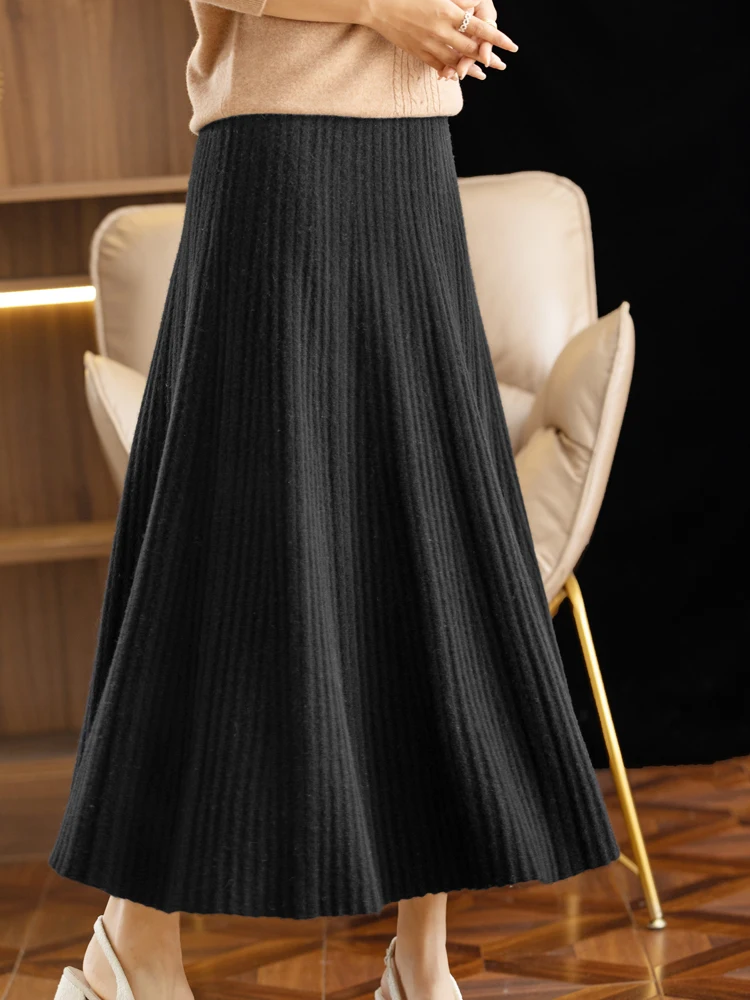 CHICUU 2024 Women Autumn Winter Wool Skirt Long Pleated Skirt 100% Merino Wool Knitwear Grace Soft Dress Korean Style Skirt
