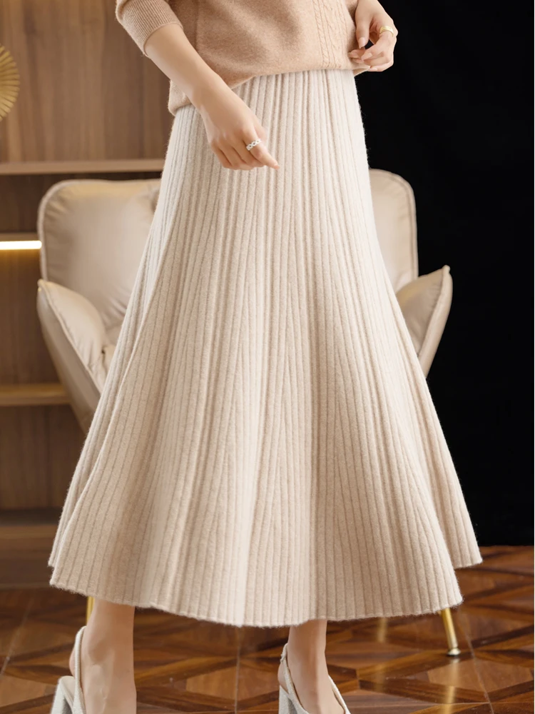 CHICUU 2024 Women Autumn Winter Wool Skirt Long Pleated Skirt 100% Merino Wool Knitwear Grace Soft Dress Korean Style Skirt