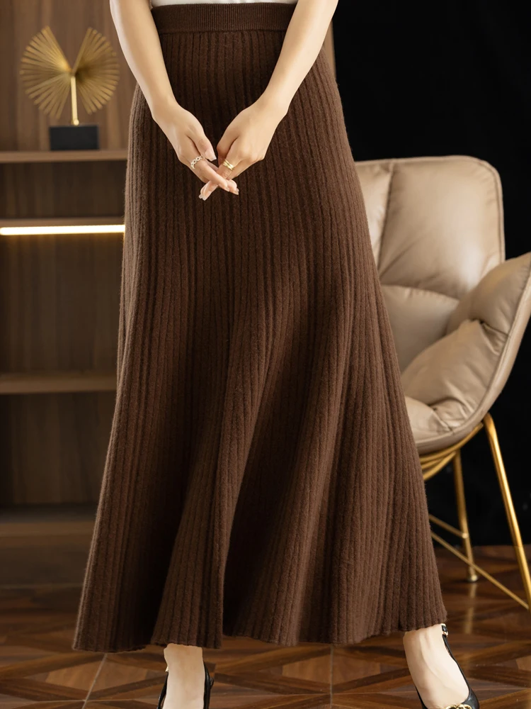 CHICUU 2024 Women Autumn Winter Wool Skirt Long Pleated Skirt 100% Merino Wool Knitwear Grace Soft Dress Korean Style Skirt