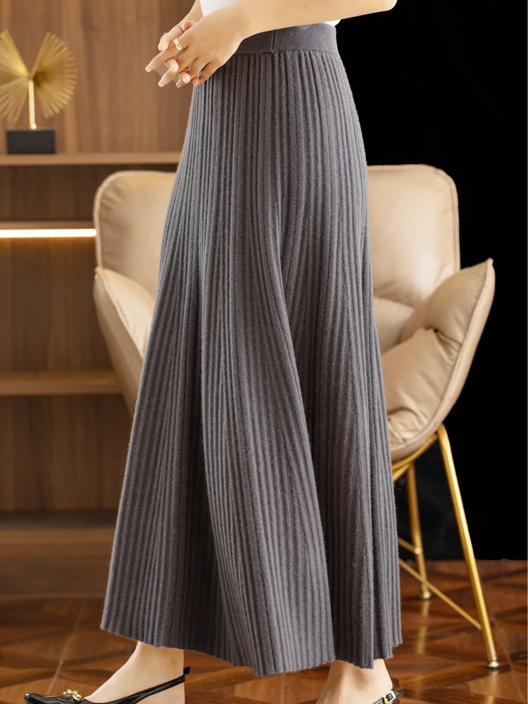 CHICUU 2024 Women Autumn Winter Wool Skirt Long Pleated Skirt 100% Merino Wool Knitwear Grace Soft Dress Korean Style Skirt