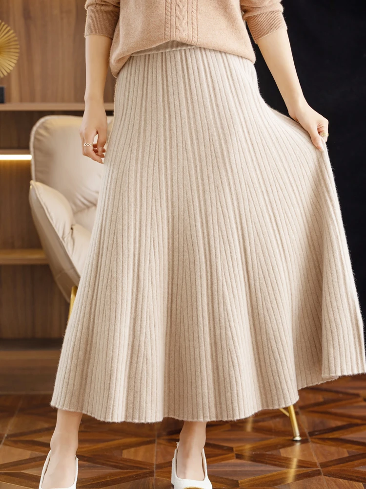 CHICUU 2024 Women Autumn Winter Wool Skirt Long Pleated Skirt 100% Merino Wool Knitwear Grace Soft Dress Korean Style Skirt
