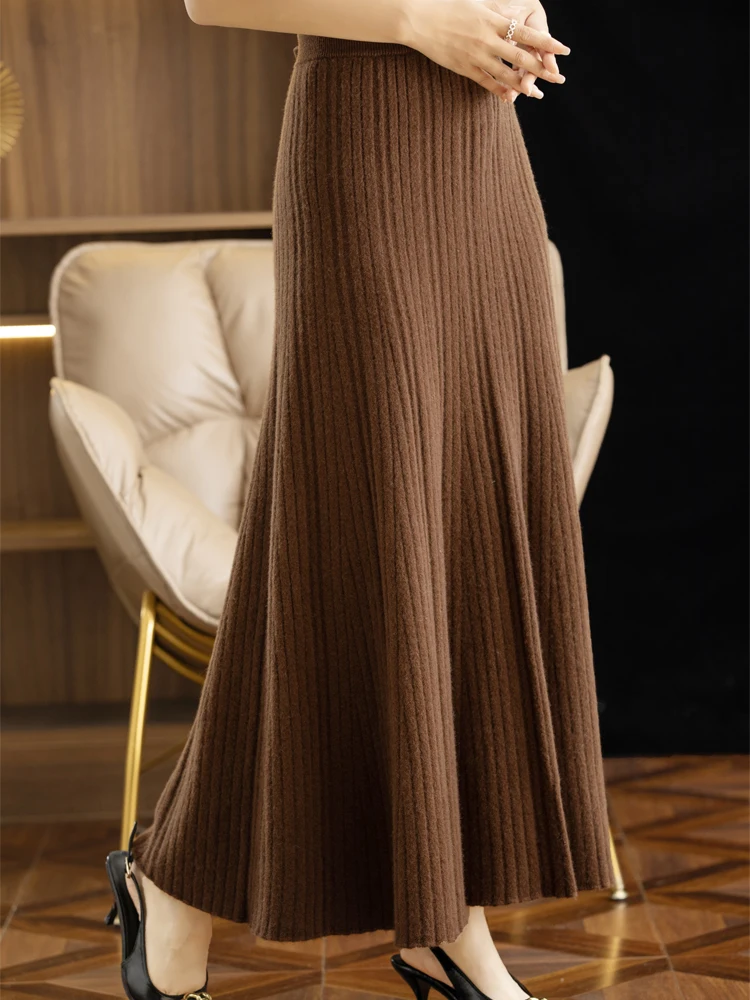 CHICUU 2024 Women Autumn Winter Wool Skirt Long Pleated Skirt 100% Merino Wool Knitwear Grace Soft Dress Korean Style Skirt