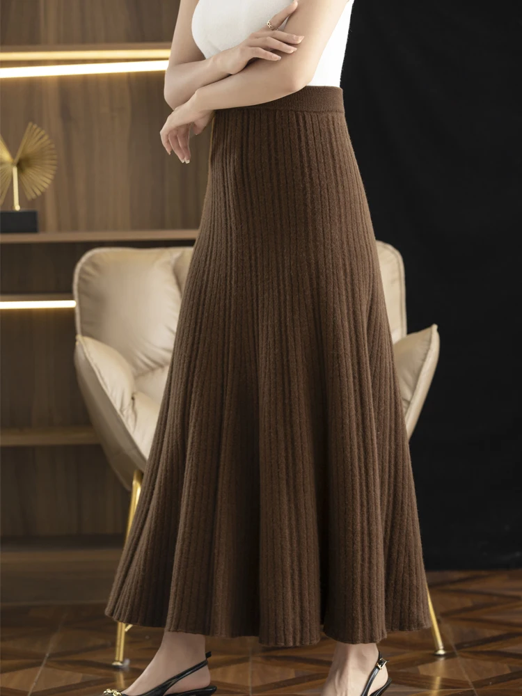 CHICUU 2024 Women Autumn Winter Wool Skirt Long Pleated Skirt 100% Merino Wool Knitwear Grace Soft Dress Korean Style Skirt