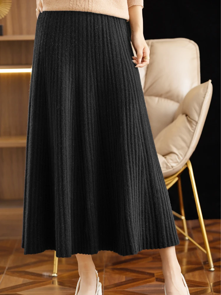 CHICUU 2024 Women Autumn Winter Wool Skirt Long Pleated Skirt 100% Merino Wool Knitwear Grace Soft Dress Korean Style Skirt