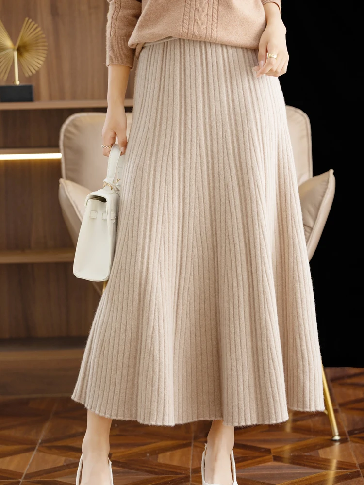 CHICUU 2024 Women Autumn Winter Wool Skirt Long Pleated Skirt 100% Merino Wool Knitwear Grace Soft Dress Korean Style Skirt