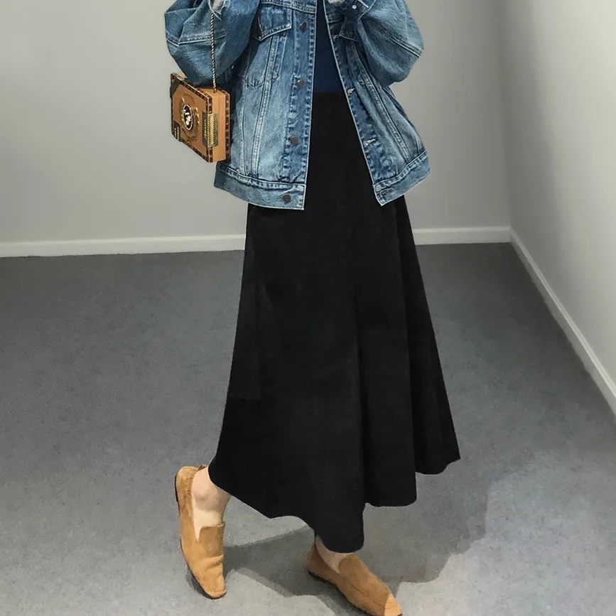 Women Purple Suede Leather Skirt 2025 Trend Spring Harajuku Big Hem 85 cm Long Faldas Mujer Chic Bohemian 100% Leather Dress