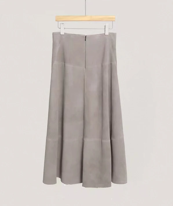 Women Purple Suede Leather Skirt 2025 Trend Spring Harajuku Big Hem 85 cm Long Faldas Mujer Chic Bohemian 100% Leather Dress