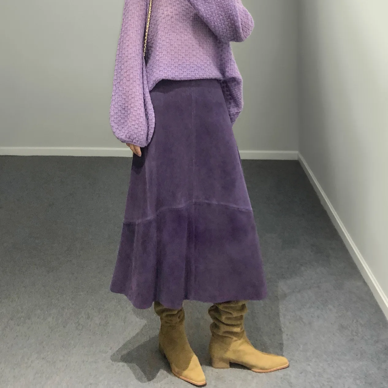 Women Purple Suede Leather Skirt 2025 Trend Spring Harajuku Big Hem 85 cm Long Faldas Mujer Chic Bohemian 100% Leather Dress