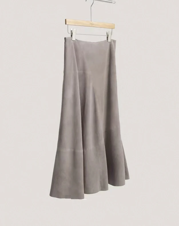 Women Purple Suede Leather Skirt 2025 Trend Spring Harajuku Big Hem 85 cm Long Faldas Mujer Chic Bohemian 100% Leather Dress