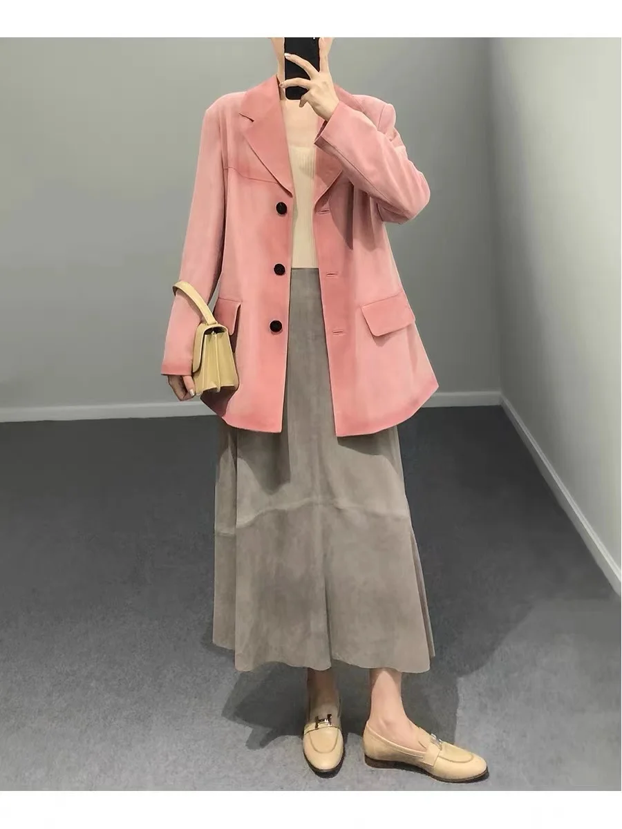 Women Purple Suede Leather Skirt 2025 Trend Spring Harajuku Big Hem 85 cm Long Faldas Mujer Chic Bohemian 100% Leather Dress