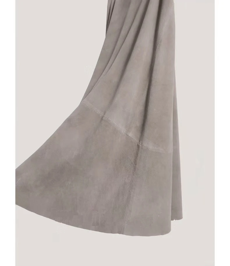Women Purple Suede Leather Skirt 2025 Trend Spring Harajuku Big Hem 85 cm Long Faldas Mujer Chic Bohemian 100% Leather Dress