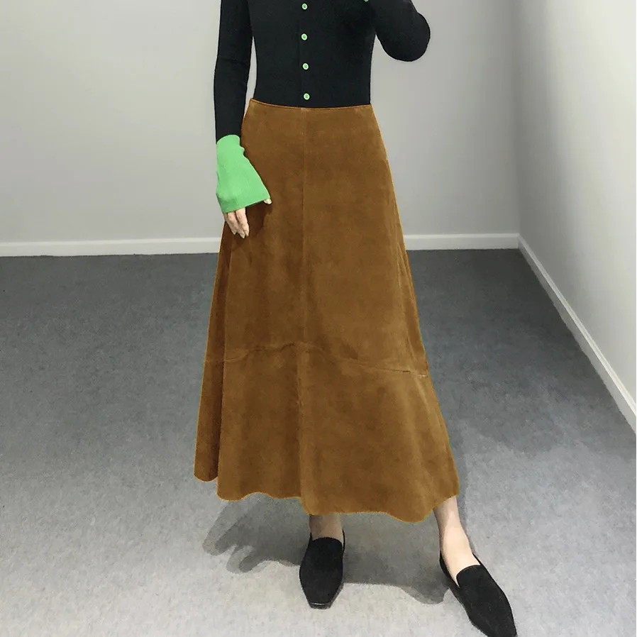 Women Purple Suede Leather Skirt 2025 Trend Spring Harajuku Big Hem 85 cm Long Faldas Mujer Chic Bohemian 100% Leather Dress