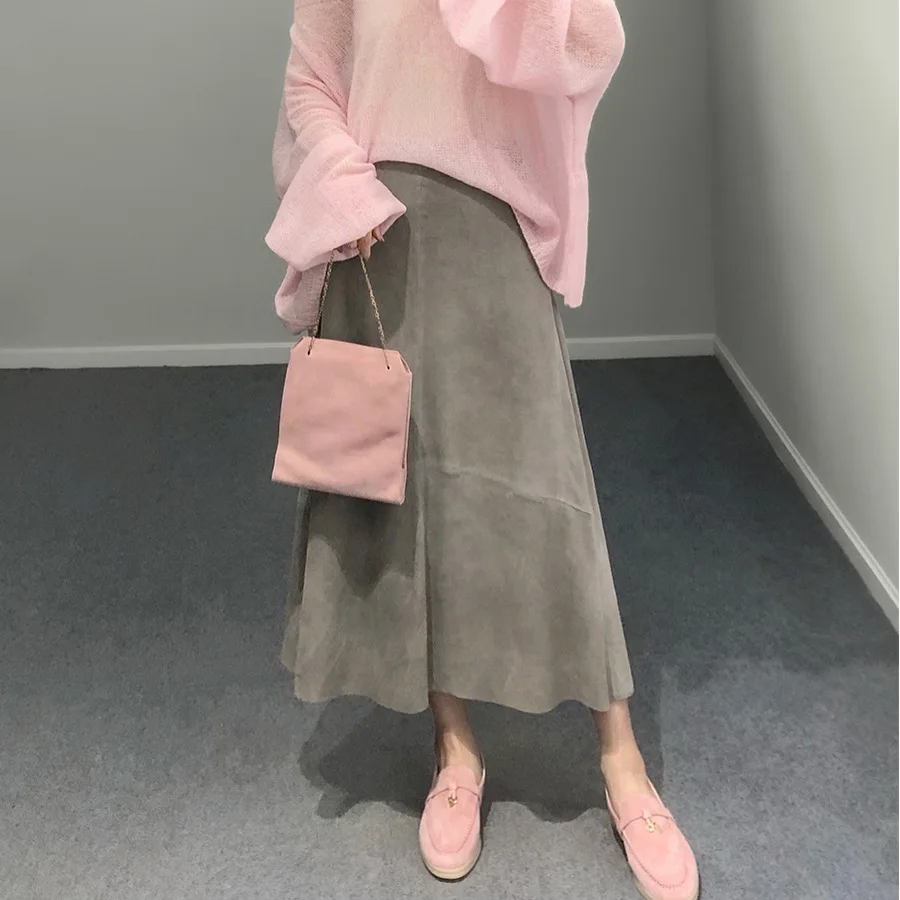 Women Purple Suede Leather Skirt 2025 Trend Spring Harajuku Big Hem 85 cm Long Faldas Mujer Chic Bohemian 100% Leather Dress