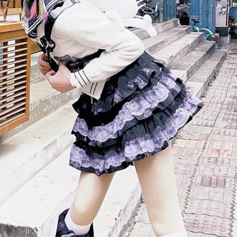 Japanese Style Gothic Plaid Mini Skirt Women Y2K Harajuku Lace Punk Ball Gown Kawaii Cake Skirts Hot Girl Party Fashion Skirt