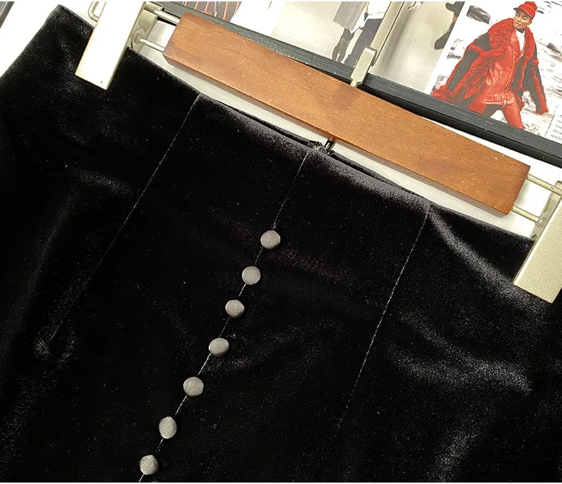 Retro High Waisted Black Velvet Skirt for Women Autumn Winter Fishtail Skirts Harajuku Vintage Юбки Юбка Jupe