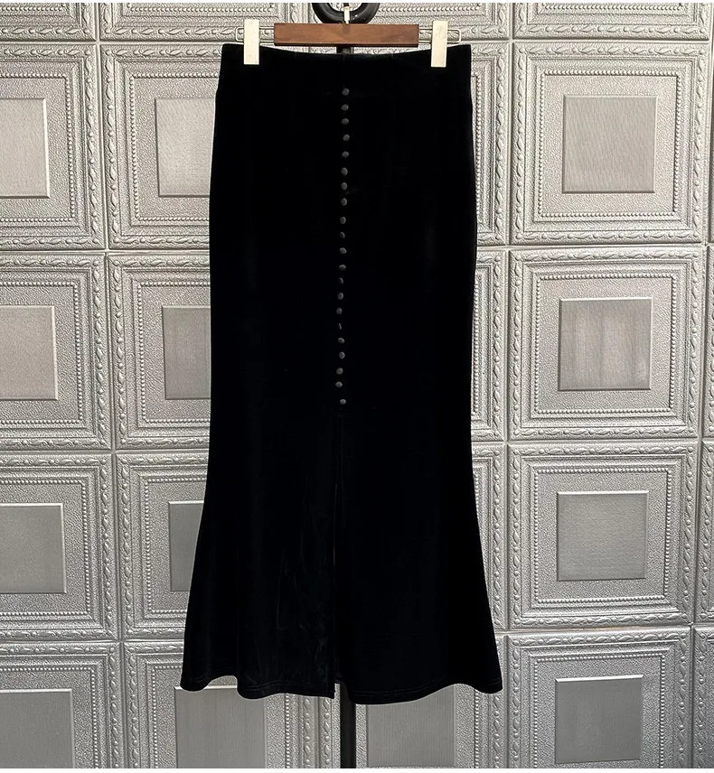 Retro High Waisted Black Velvet Skirt for Women Autumn Winter Fishtail Skirts Harajuku Vintage Юбки Юбка Jupe